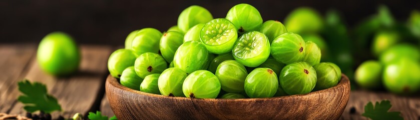 A pile of fresh gooseberries with their translucent green skins, some halved to reveal the juicy interior, arranged in a rustic wooden bowl