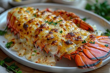 A plate of food with a lobster tail and a side of parsley