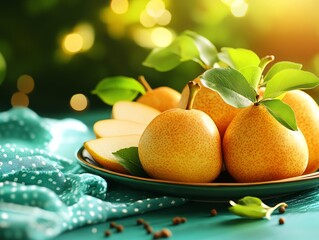 A variety of Asian pears with their goldenyellow skins, some sliced to show the crisp, juicy interior, arranged on a ceramic dish