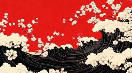 Wall Mural - Illustration of Chinese ink-style waves, dark red background