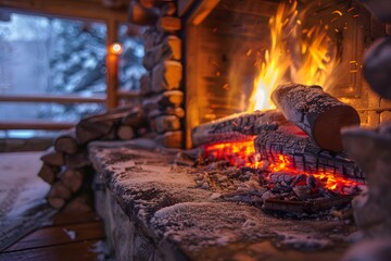 Wall Mural - Cozy Winter Scene with a Crackling Fireplace and Snowy Surroundings