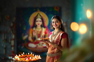 Poster - happy woman holding diya and plate with sweets during Diwali festival, on background blurred painting on wall with Indian goddess