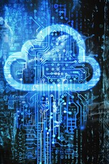 Sticker - Cloud computing concept Circuit board shaped as cloud on blue technology background.