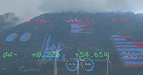 Poster - Wind turbines and financial data animation over mountainous landscape