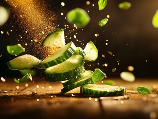 Wall Mural - Closeup of a sliced African cucumber, showing its unique interior, set on a rustic wooden table with soft natural light