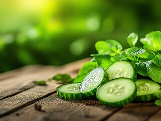 Wall Mural - Closeup of a sliced African cucumber, showing its unique interior, set on a rustic wooden table with soft natural light