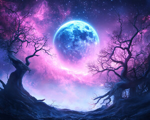 Wall Mural - A beautiful blue moon is in the sky above a forest. The trees are bare and the sky is purple