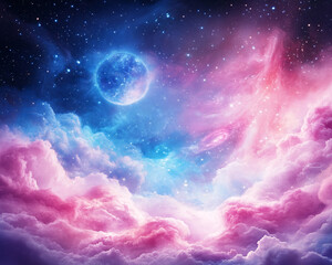 Wall Mural - A colorful sky with a pink moon and stars. The sky is filled with clouds and the moon is shining brightly