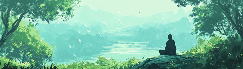 A man is sitting on a rock by a river. The scene is peaceful and serene, with the man looking out over the water. The lush green trees in the background add to the calming atmosphere