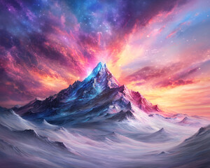 Wall Mural - A mountain with a glowing red and purple sky in the background. The mountain is covered in snow and the sky is filled with stars