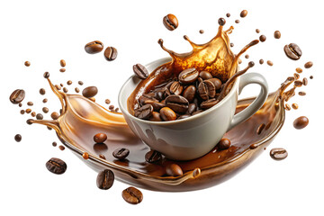 Wall Mural - A coffee cup surrounded by a splash of coffee and scattered beans, captured mid-motion, highlighting the energy and richness of the scene, on a transparent background