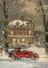 Poster - Vintage car snowy mansion holiday