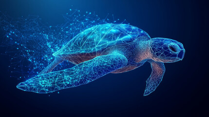 Geometric sea turtle in a low-poly design against a technology-themed blue backdrop. Marine life concept represented through a polygonal 3D vector illustration.