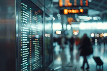 Wall Mural - Airport arrival and departure board showing different city names and flight number with blurred travelers in the background