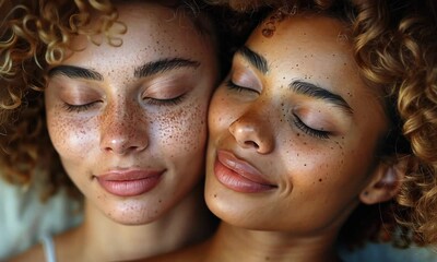 Canvas Print - In a tranquil setting, two friends share a heartfelt moment, showcasing their radiant smiles, vibrant curls, and natural beauty. Their closeness reflects genuine affection