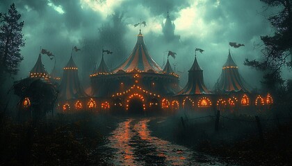 Wall Mural - A spooky haunted circus scene ideal for Halloween-themed events, costumes, or party invitations, featuring eerie lighting and a misty atmosphere with copy space.