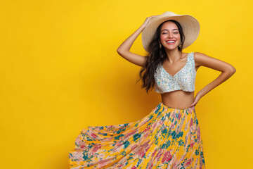 Poster - joyful Indian lady in summer hat dancing on yellow background