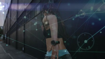 Running woman with dreadlocks, network connections and data processing animation