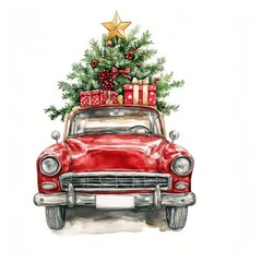 Wall Mural - Vintage car Christmas tree illustration