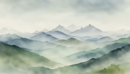 Wall Mural - Misty Mountain Range with Rolling Hills and Trees