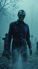 Wall Mural - Spooky Halloween zombie in a creepy grey cemetery background