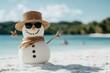 © Odin AI - A snowman made of sand with a hat and scarf standing on a bright sandy beach with a tropical background, blending holiday cheer with a tropical paradise vibe.