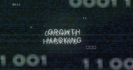 Growth hacking text animation over binary code background