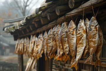 Wall Mural - Traditional Fish Drying Process in a Rustic Setting