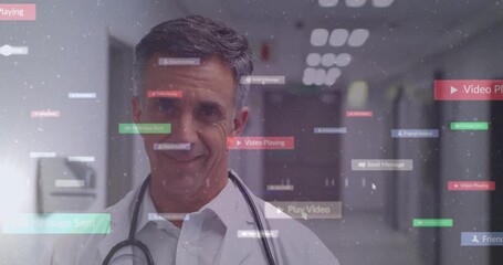 Wall Mural - Doctor in hospital corridor with social media notifications animation