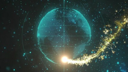 Wall Mural - glowing particles orbiting earth, data network animation over space background