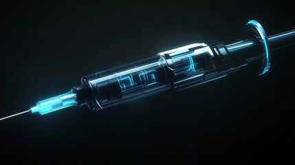 Wall Mural - A futuristic syringe with a glowing needle is shown in this image. The design is sleek and modern, perfect for health or science themes. Its high-tech look makes it stand out. AI