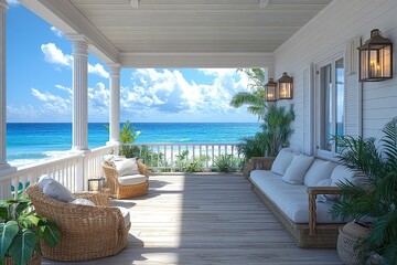 Wall Mural - A white house with a porch overlooking the ocean