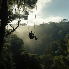 Wall Mural - Photo of a man playing zipline through jungle.