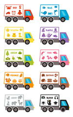 Wall Mural - Learning colors flashcard for kids.  Set of coloured trucks with colourful objects.