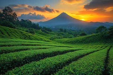 Wall Mural - A mountain range with a large green hillside and a sunset in the background