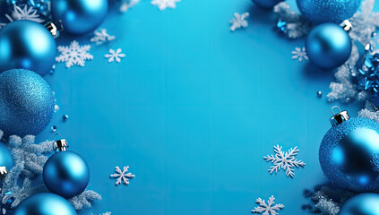 modern blue christmas background with snowflakes, balls. elegant greeting card, happy new year