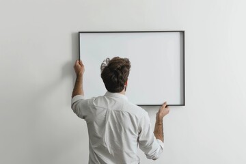 Man hanging blank picture frame