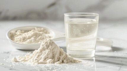 Wall Mural - A glass of water sits next to a measuring cup of white powder