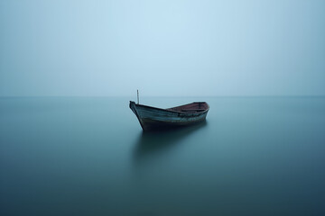 Wall Mural - a lonely boat in the ocean, a minimalistic photo made with a long exposure