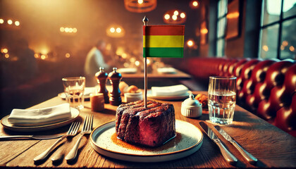 Wall Mural - An upscale restaurant table featuring a tender steak, garnished with rosemary and an Bolivia flag, set against a cozy, candlelit backdrop