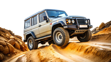 Silver SUV on sandy trail at sunset on transparent background