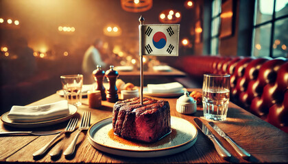 Wall Mural - An upscale restaurant table featuring a tender steak, garnished with rosemary and an Republic of Korea flag, set against a cozy, candlelit backdrop