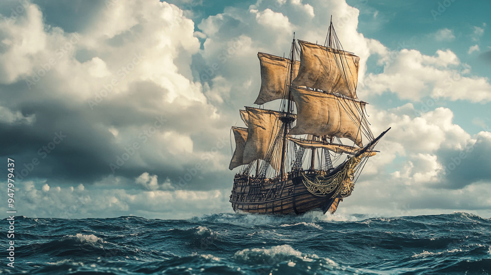 A majestic tall ship sails across choppy ocean waves under a dramatic ...