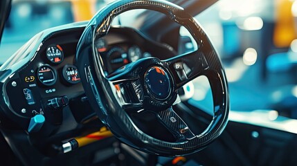 Detailed view of a high-tech racing car steering wheel  gear shift controls and settings. Interior professional race car drivers technology engineering speed in motorsport competition 