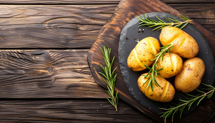 Canvas Print - Delicious baked potatoes with rosemary on slate plate