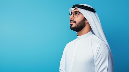 Pensive Middle eastern guy thinking and touching chin, looking aside at free space, posing over blue background, studio shot. Let me think concept