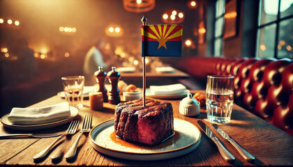 Wall Mural - An upscale restaurant table featuring a tender steak, garnished with rosemary and an Arizona flag, set against a cozy, candlelit backdrop