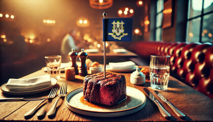 Wall Mural - An upscale restaurant table featuring a tender steak, garnished with rosemary and an Connecticut flag, set against a cozy, candlelit backdrop