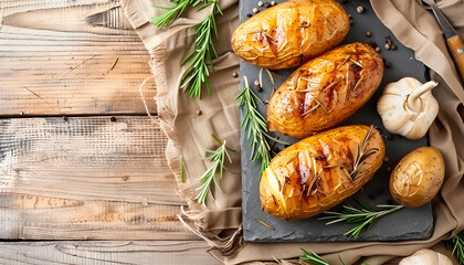 Poster - Delicious baked potatoes with rosemary on slate plate