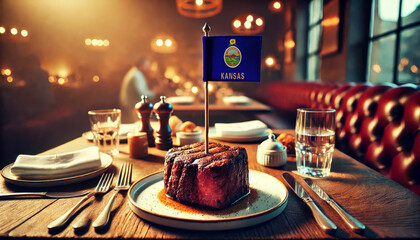 Wall Mural - An upscale restaurant table featuring a tender steak, garnished with rosemary and an Kansas flag, set against a cozy, candlelit backdrop